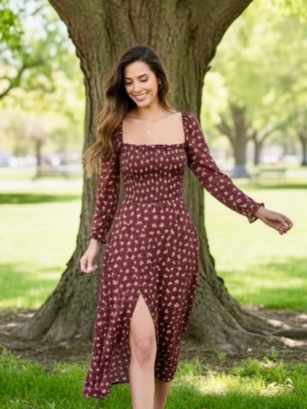 SHEIN Floral Ditsy Smocked Square-Neck Midi Dress - Picture 10 of 11
